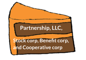 A slice of cake where the icing is orange and represents tax status subchapter S and the cake is brown and represents partnership, LLC, stock corp, benefit corp, and cooperative corp.