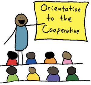 A cartoon of a person giving a presentation to a group of people