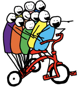 A lot of happy cartoon people riding one bike.