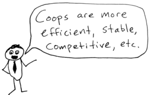 Person with word bubble that says: co-ops are more efficient, stable and competitive.