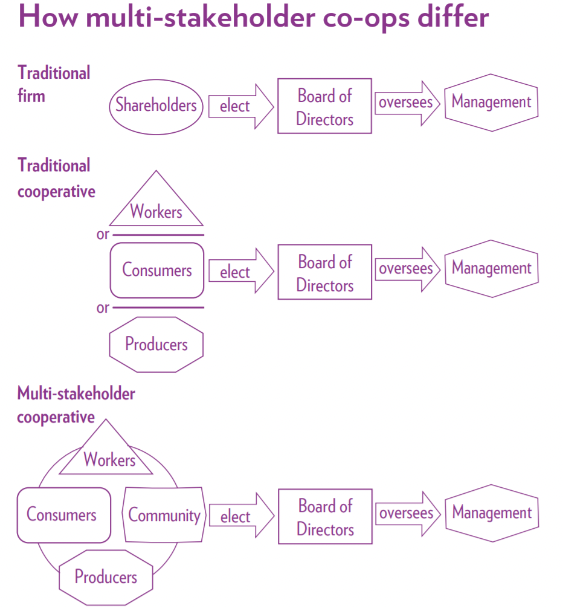 A graphic representation of the differences in multi-stakeholder co-ops, emphasizing diverse stakeholder roles.